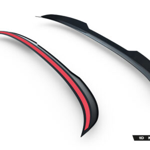 Abstract close-up of two curved, glossy strips in black with red accents, featuring Maxton Design branding at bottom right (design concept image).