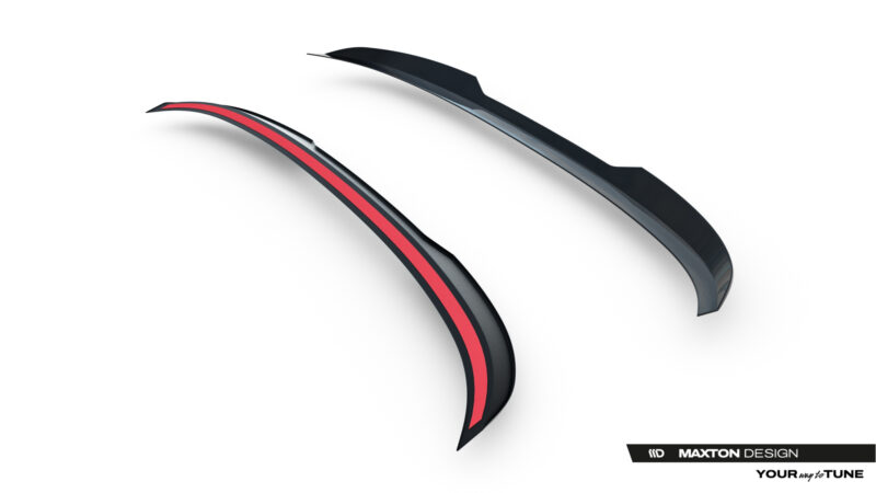 Abstract close-up of two curved, glossy strips in black with red accents, featuring Maxton Design branding at bottom right (design concept image).