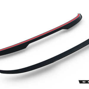 Black curved car side skirts with a thin red stripe, shown from a low-angle perspective; Maxton Design branding at the bottom right edge.