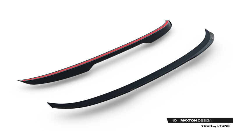 Black curved car side skirts with a thin red stripe, shown from a low-angle perspective; Maxton Design branding at the bottom right edge.