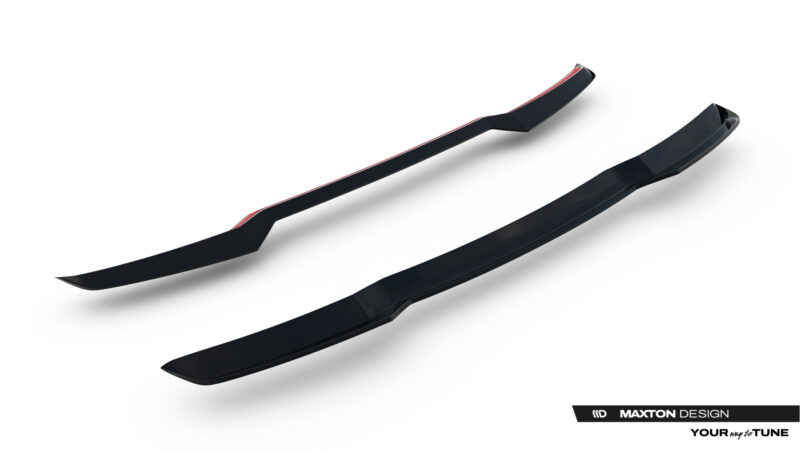 Black automotive aero parts with red edge detail on a white background (Maxton Design product).