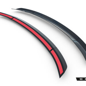 Two curved black trim pieces with a red central stripe laid diagonally on a white background; branding reads 'MAXTON DESIGN' in the bottom-right corner.