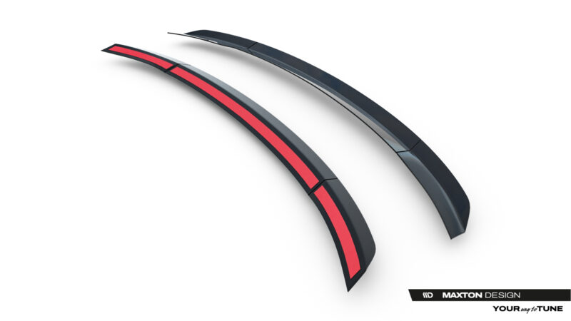 pol_po_Spoiler-Cap-Jaguar-F-Type-X152-Facelift-2-23971_8jpg - OPSHOLDERS Two curved black trim pieces with a red central stripe laid diagonally on a white background; branding reads 'MAXTON DESIGN' in the bottom-right corner.