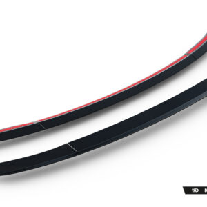 Curved black car spoiler with red accent on a white background, Maxton Design branding at bottom right (advertisement product image).