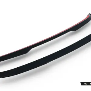 Two black curved car side skirts with a red stripe, diagonally positioned on a white background (Maxton Design branding)