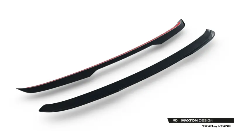 Two black curved car side skirts with a red stripe, diagonally positioned on a white background (Maxton Design branding)