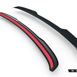 Close-up of a glossy black curved car trim with a red stripe, showing Maxton Design branding on a white background.