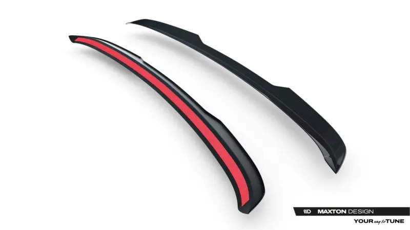 Close-up of a glossy black curved car trim with a red stripe, showing Maxton Design branding on a white background.