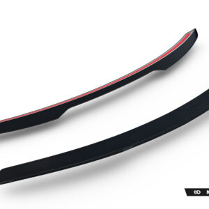 Close-up of two curved black automotive aero parts with a red stripe, set against a white background; Maxton Design branding visible in the corner.