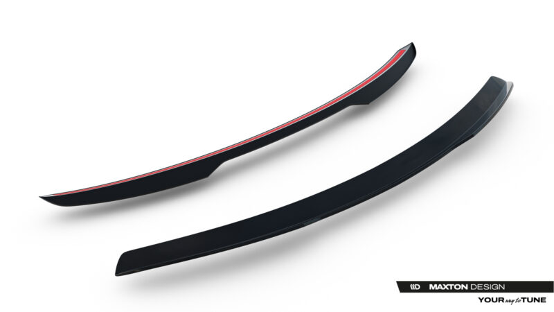 Close-up of two curved black automotive aero parts with a red stripe, set against a white background; Maxton Design branding visible in the corner.