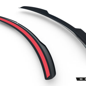 Close-up of two black curved automotive trim pieces with a red stripe, Maxton Design branding visible in the corner.