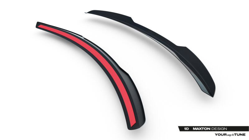 Close-up of two black curved automotive trim pieces with a red stripe, Maxton Design branding visible in the corner.