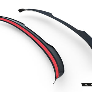 Pair of curved black automotive trim pieces with a red central stripe on a white background, branded Maxton Design (promo image).