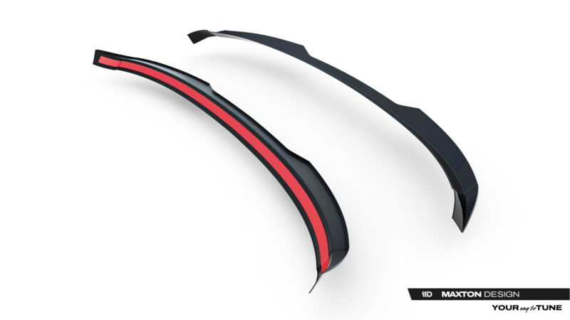 Pair of curved black automotive trim pieces with a red central stripe on a white background, branded Maxton Design (promo image).