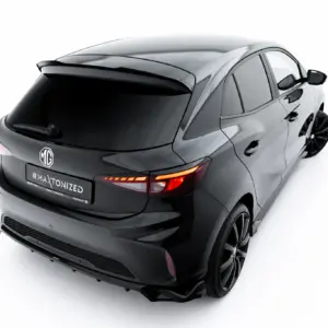 Rear three-quarter view of a gray MG car, showing taillights, spoiler, and MG badge on the trunk with #MAXTONIZED on the plate area as a promo design.