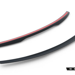 Two curved black automotive aero trims with a red center stripe, shown diagonally on a white background; Maxton Design branding visible in the corner.
