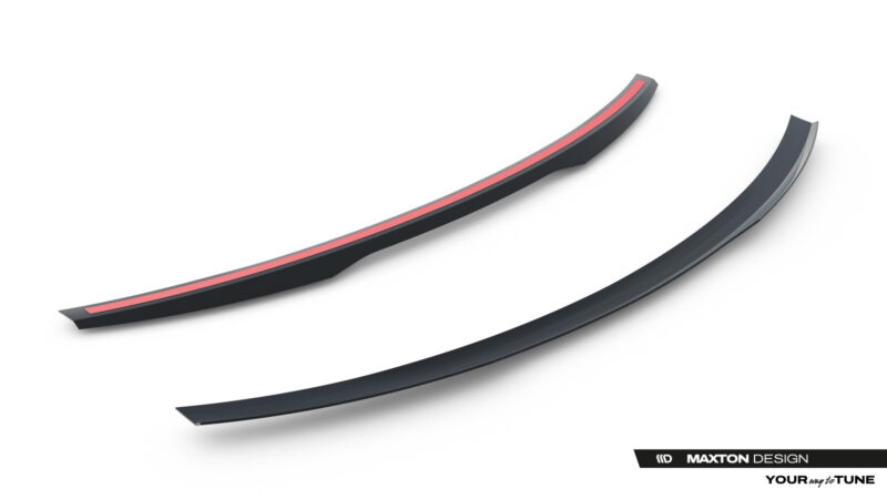 pol_po_Spoiler-Cap-Mercedes-AMG-GT-R-C190-Facelift-23891_1jpg - OPSHOLDERS Two curved black automotive aero trims with a red center stripe, shown diagonally on a white background; Maxton Design branding visible in the corner.