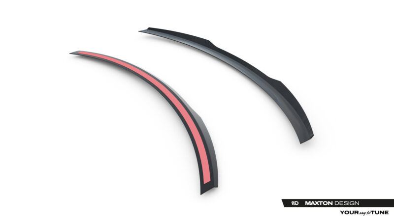 pol_po_Spoiler-Cap-Mercedes-AMG-GT-R-C190-Facelift-23891_6jpg - OPSHOLDERS Two curved dark gray automotive trim pieces with a pink inner stripe, floating on a white background (Maxton Design branding bottom right).