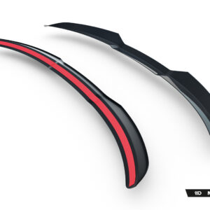 Close-up of two glossy black curved car trim pieces with a red stripe, set against a white background; Maxton Design branding visible in the corner.