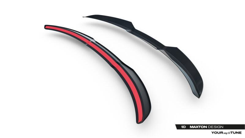 Close-up of two glossy black curved car trim pieces with a red stripe, set against a white background; Maxton Design branding visible in the corner.