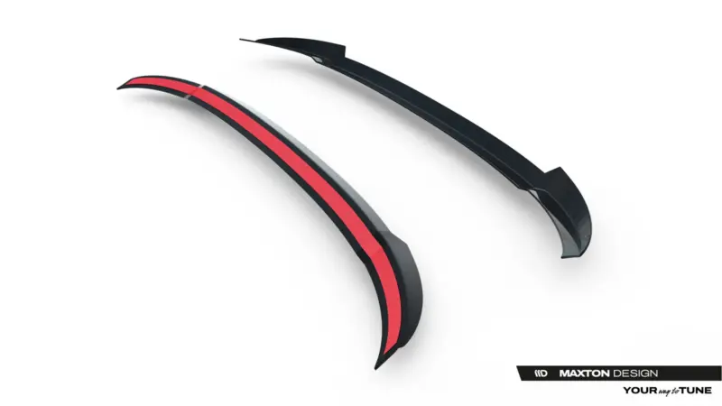 pol_po_Spoiler-Cap-Skoda-Kodiaq-RS-Mk2-23905_3webp - OPSHOLDERS Two curved black car trim pieces with a red stripe, set against a white background; Maxton Design branding visible.