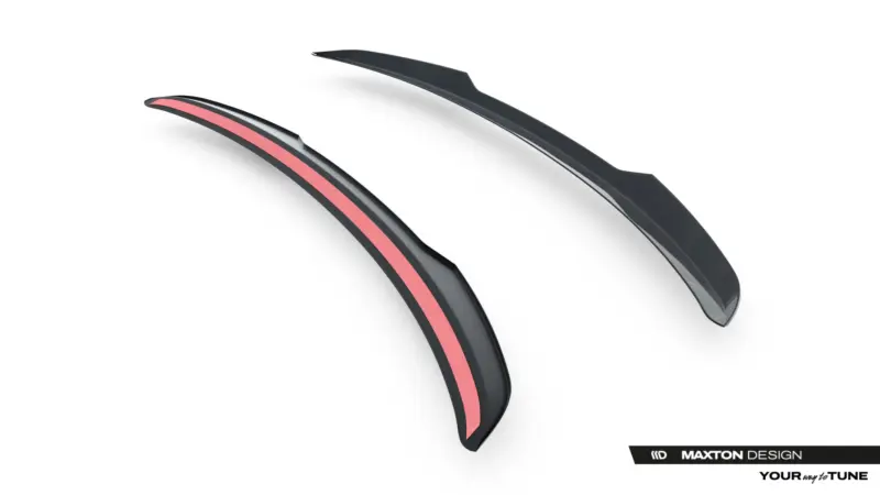 Curved black sunglasses arm with a pink stripe and Maxton Design logo in the bottom-right corner.