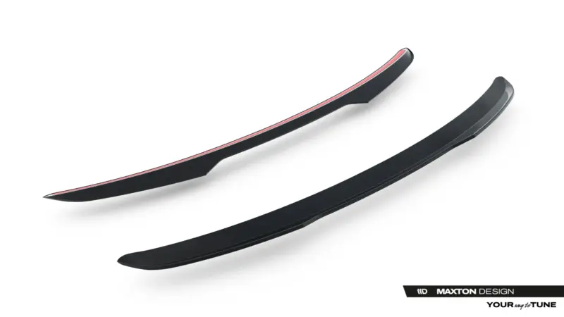 Pair of black curved car aero splitters with a red edge for improved aerodynamics (Maxton Design).