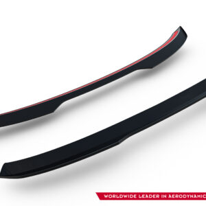 Two black curved aerodynamic blades with a red stripe, angled across a white background, logo and slogan in the corner.