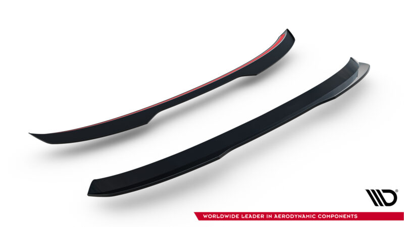 Two black curved aerodynamic blades with a red stripe, angled across a white background, logo and slogan in the corner.