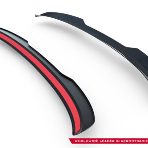 Curved black aerodynamic parts with a red stripe, angled diagonally on a white background; bottom banner reads 'Worldwide Leader in Aerodynamic Components'.