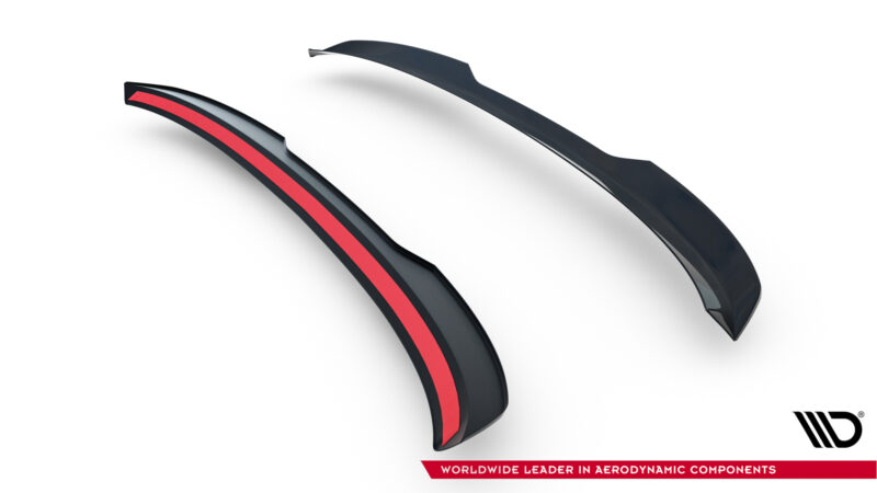 Curved black aerodynamic parts with a red stripe, angled diagonally on a white background; bottom banner reads 'Worldwide Leader in Aerodynamic Components'.