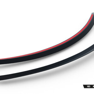 Abstract curved black ribbons with a red inner stripe and Maxton Design logo in the bottom-right corner, suggesting a sleek automotive design banner.