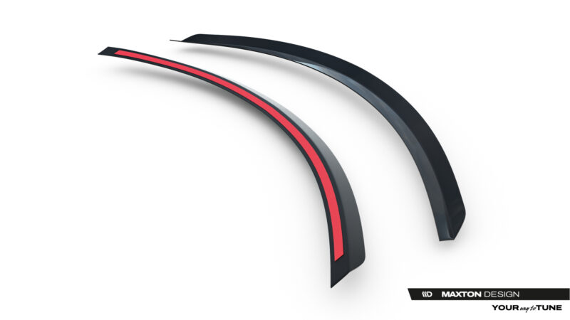 pol_po_Spoiler-Cap-V-2-Tesla-Model-S-Mk1-23949_6jpg - OPSHOLDERS Close-up of two curved automotive trim pieces, black with a red inner stripe, on a white background; Maxton Design branding visible.