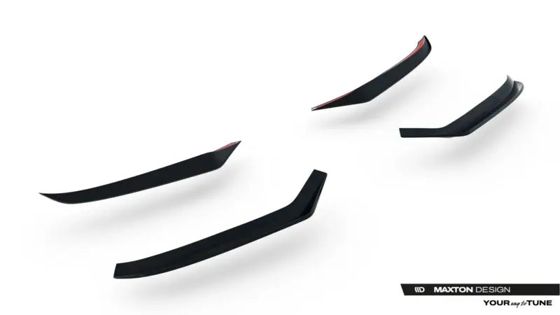 pol_po_Spoiler-Cap-Volkswagen-Transporter-T7-Ford-Transit-Custom-Mk2-23951_3webp - OPSHOLDERS Black automotive aerodynamic spoilers or splitters floating against a white background, Maxton Design branding in the bottom-right corner.
