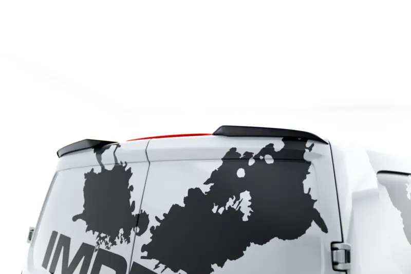 pol_po_Spoiler-Cap-Volkswagen-Transporter-T7-Ford-Transit-Custom-Mk2-23951_4webp - OPSHOLDERS White van with a large black world map decal along its side panel, partial rear door visible