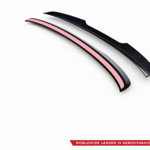 Two curved black aerodynamic components with a pink stripe, placed diagonally on a white background; logo and slogan bar appear bottom-right.