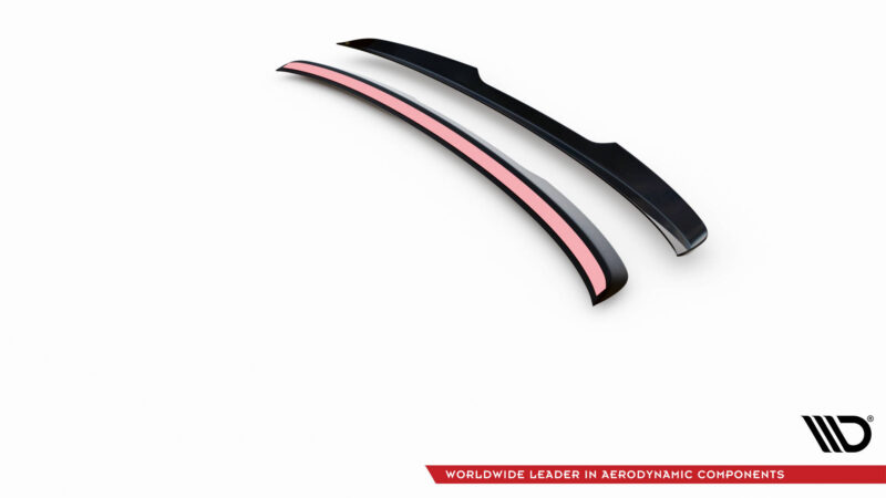 Two curved black aerodynamic components with a pink stripe, placed diagonally on a white background; logo and slogan bar appear bottom-right.