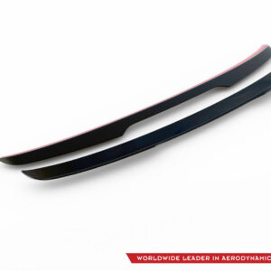 Two glossy black curved aerodynamic spoilers on a white background, with a red promotional banner and logo in the bottom-right corner.