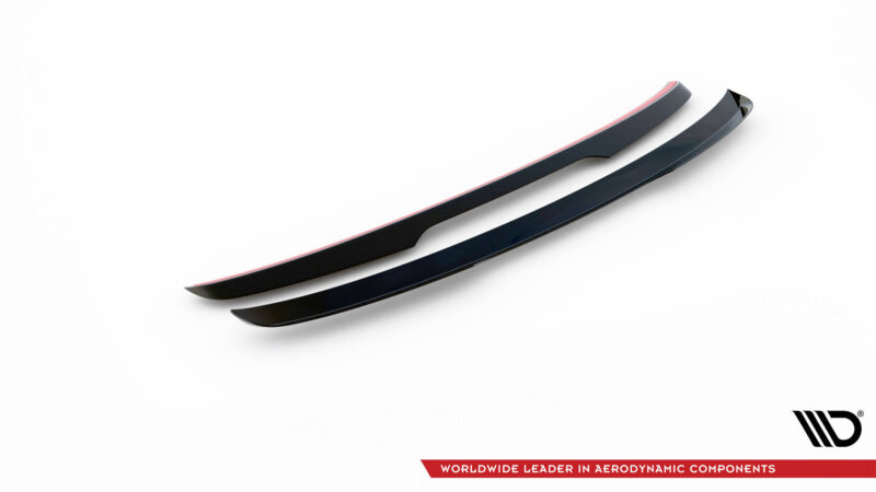 Two glossy black curved aerodynamic spoilers on a white background, with a red promotional banner and logo in the bottom-right corner.
