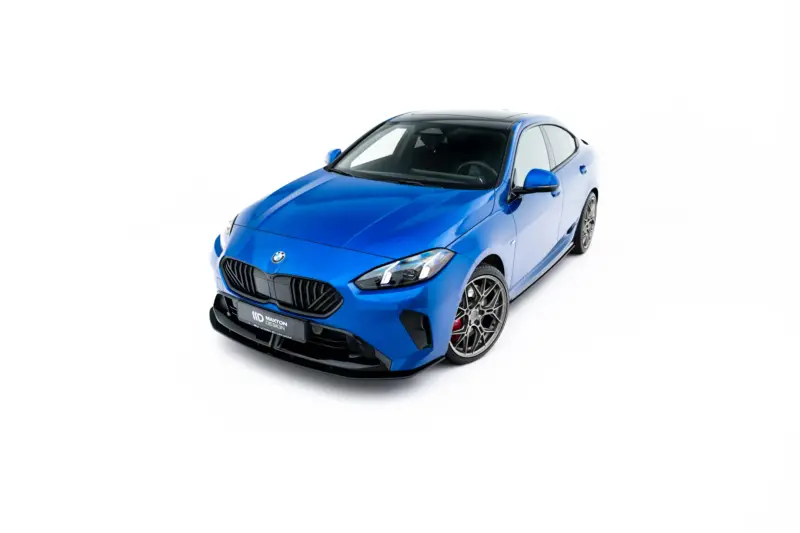 pol_po_Street-Pro-Front-Splitter-BMW-2-M-Pack-M235i-Gran-Coupe-F74-23836_7webp - OPSHOLDERS Blue BMW sports car shown from a low front-left angle against a white background, showcasing the sleek design and alloy wheels.