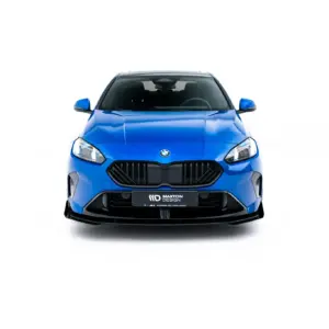 Front view of a bright blue BMW car on a white background, showing the grille and headlights clearly on center stage, with logo visible.
