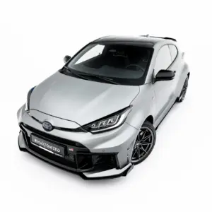 Silver sporty hatchback photographed from a front-left angle, showing its grille, headlights and alloy wheels on a white background.