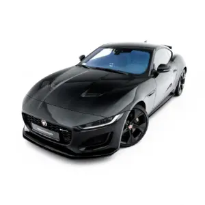 Front-quarter view of a glossy black Jaguar sports car on a white background.
