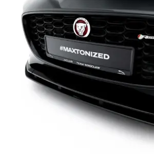 Front view of a black Jaguar with a honeycomb grille and emblem, displaying the #MAXTONIZED plate in the center stain of the bumper area.