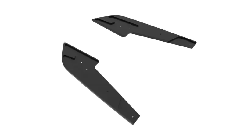 Two dark gray metal brackets with mounting holes, floating against a white background for assembly use