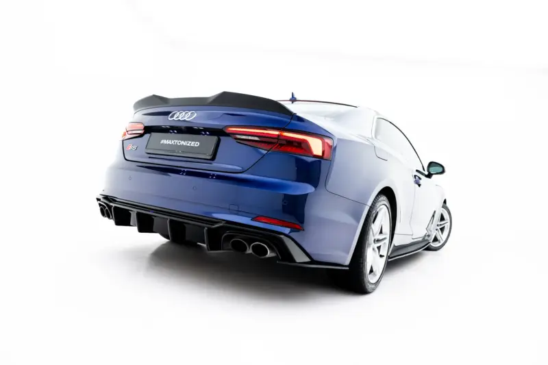 pol_po_Street-Pro-Rear-Side-Splitters-Audi-S5-Coupe-F5-24005_3webp - OPSHOLDERS Rear view of a blue Audi S5 with a spoiler and quad exhausts; plate reads #MAXTONIZED