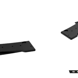 Two black metal mounting brackets with multiple holes shown from a perspective angle against a white background; branding in the corner.
