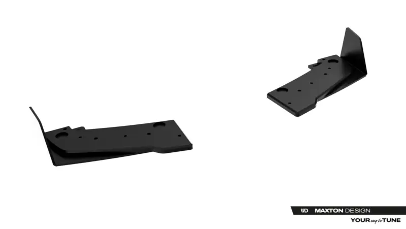 Two black metal mounting brackets with multiple holes shown from a perspective angle against a white background; branding in the corner.