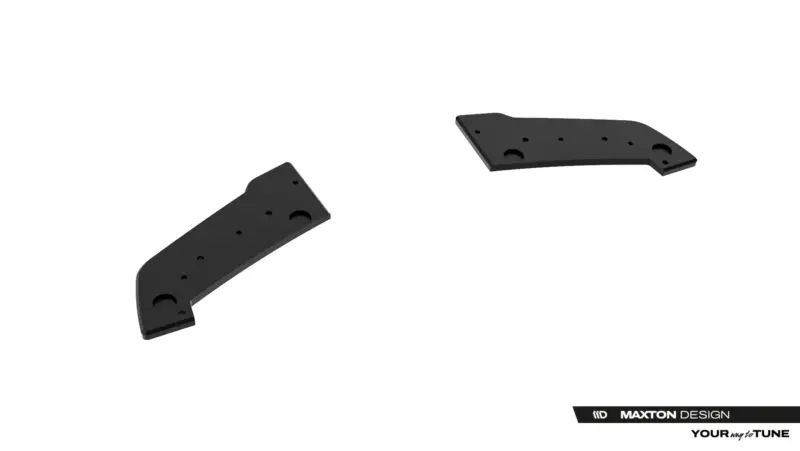 Two black curved mounting plates with multiple screw holes on a white background, showing a product rendering (Maxton Design).