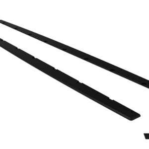Two long black curved rails with evenly spaced holes laid diagonally on a white background (likely mounting brackets for a car body kit).